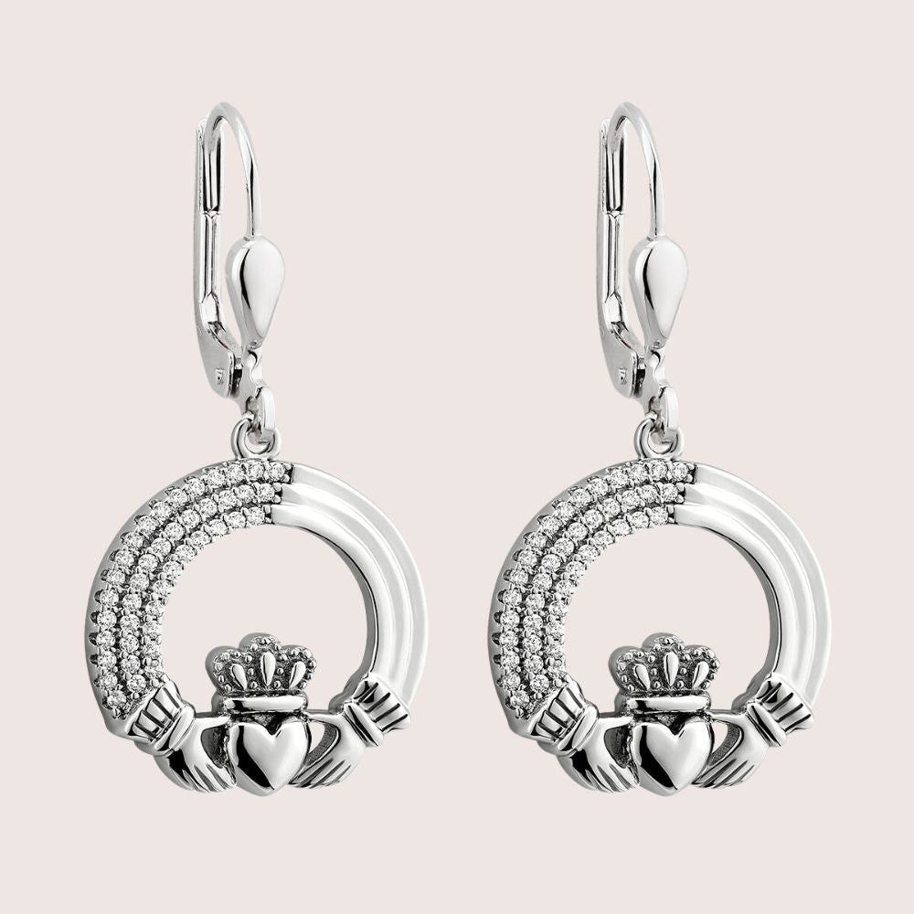 Sterling Silver Crystal Triple Line Claddagh Earrings