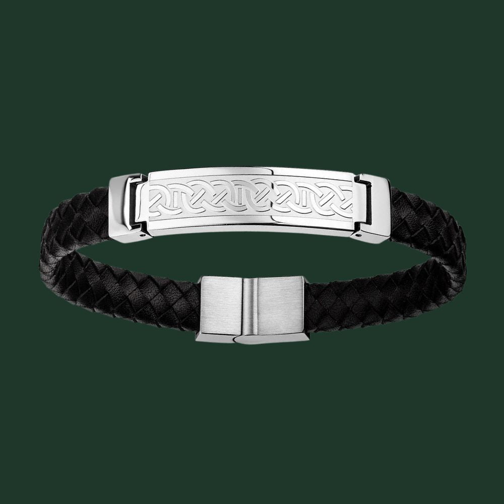 Men's Stainless Steel & Black Leather Celtic Knot Bracelet