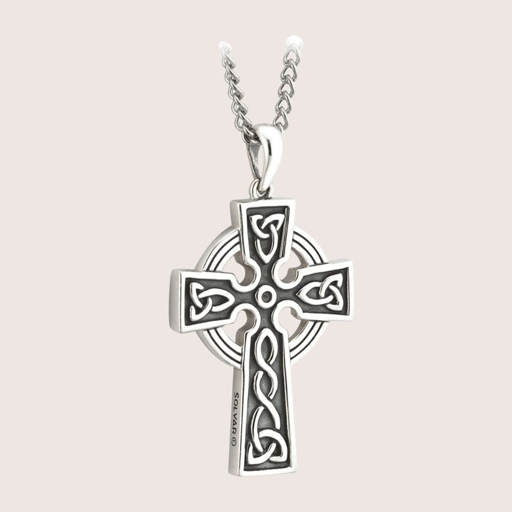 Large Double Sided Oxidized Sterling Silver Celtic Cross On Steel Chain