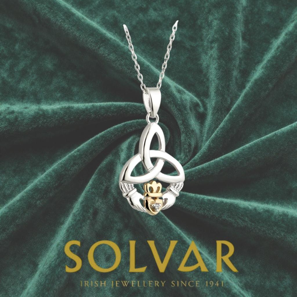 10K Gold and Sterling Silver Diamond Trinity Knot Claddagh Necklace