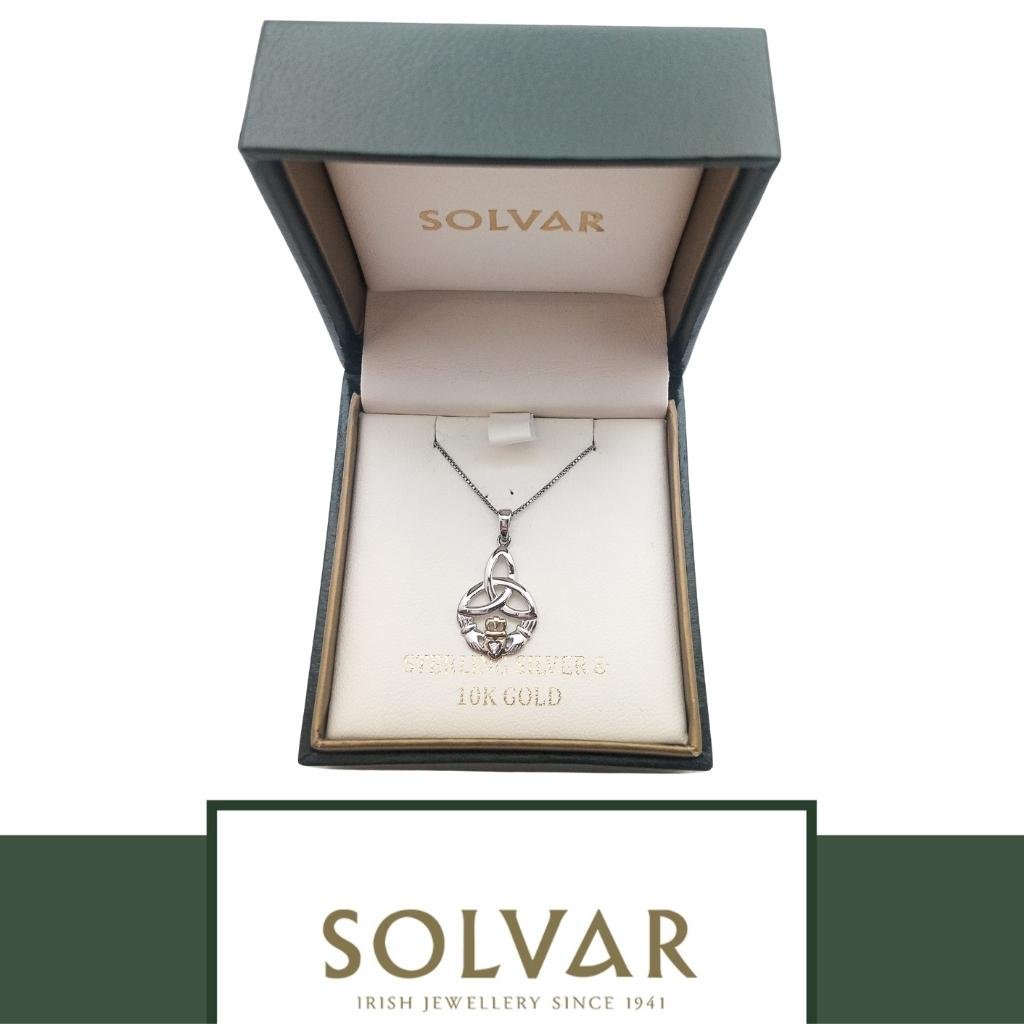 10K Gold and Sterling Silver Diamond Trinity Knot Claddagh Necklace