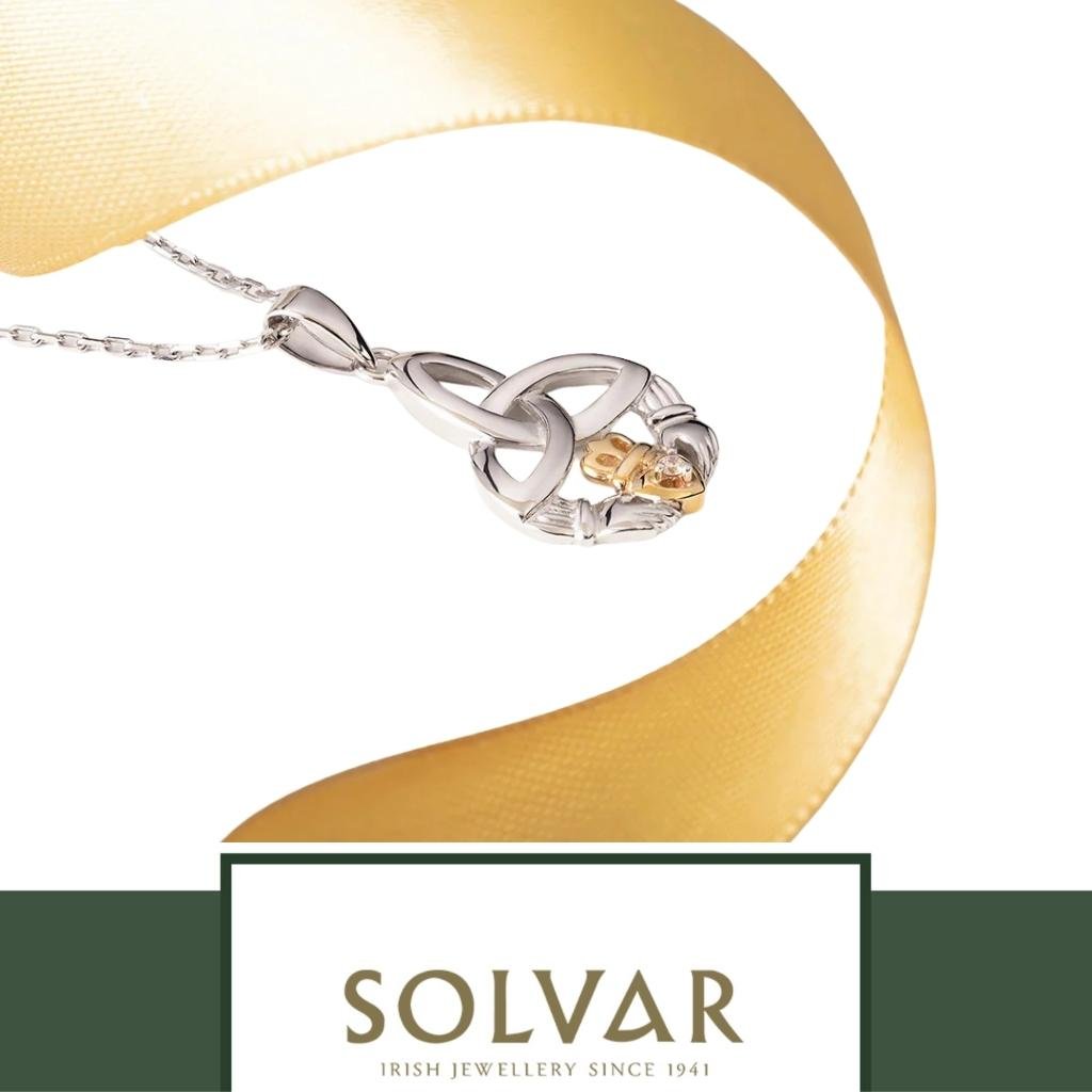 10K Gold and Sterling Silver Diamond Trinity Knot Claddagh Necklace