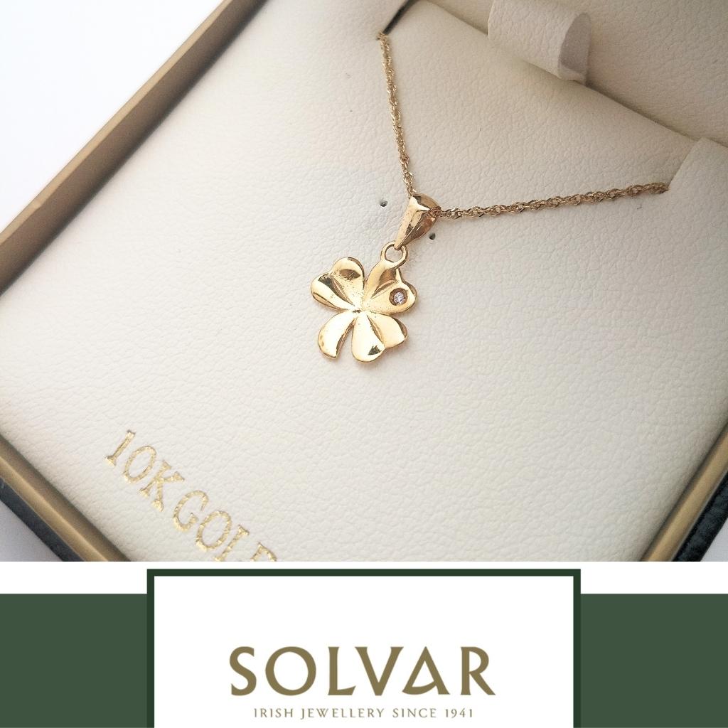 10K Gold CZ Shamrock Necklace- Single CZ Stone