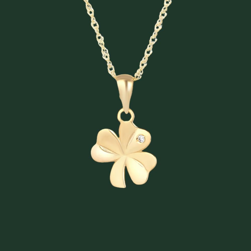 10K Gold CZ Shamrock Necklace - Single CZ Stone