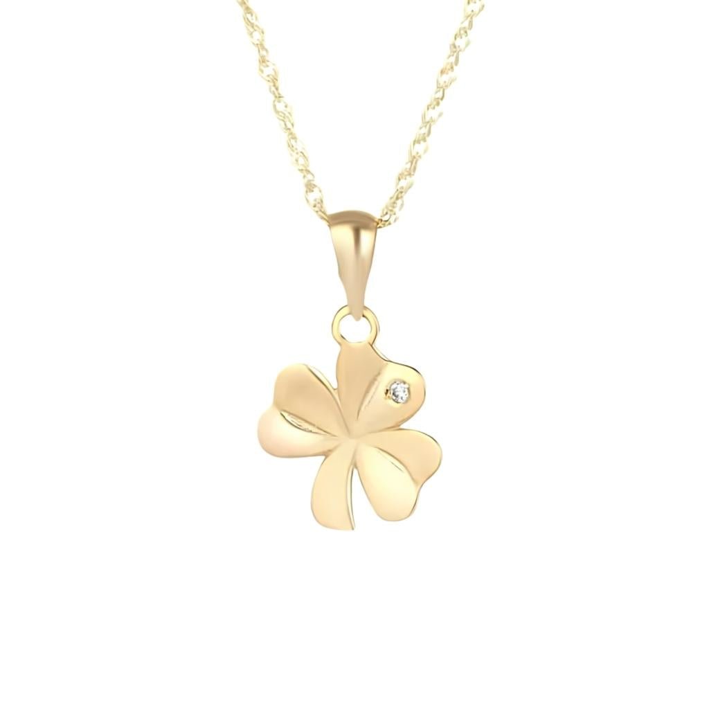 10K Gold CZ Shamrock Necklace- Single CZ Stone