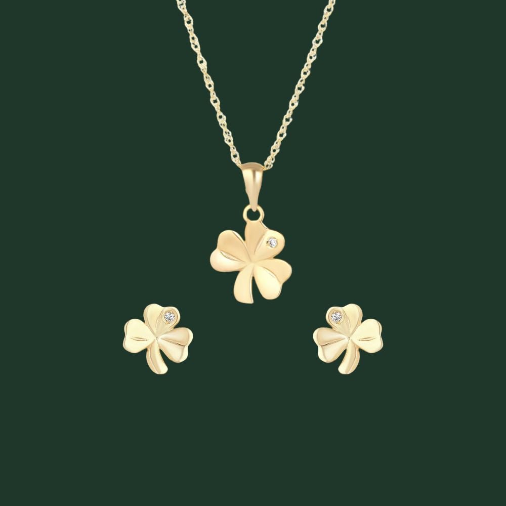 10K Gold CZ Shamrock Necklace - Single CZ Stone