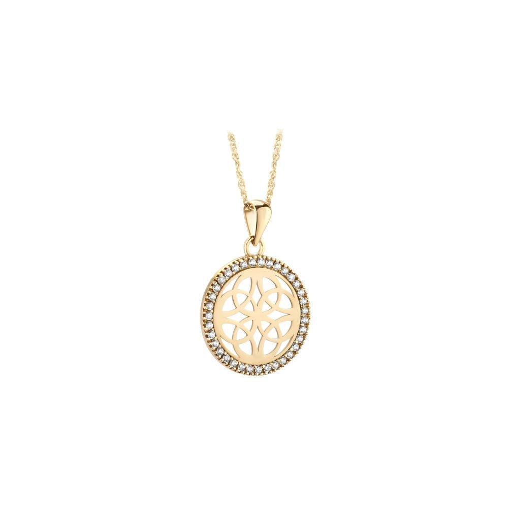 Gold necklace with a round pendant on a white background