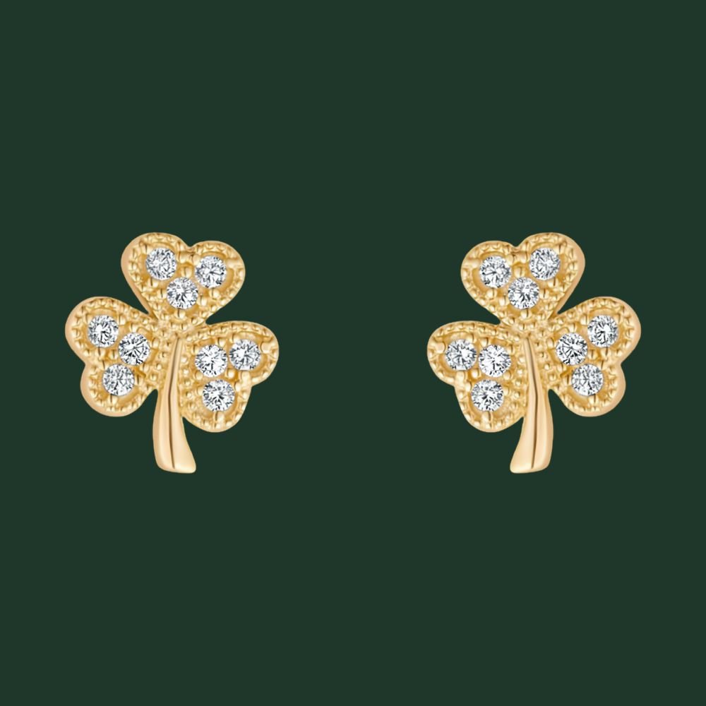 10K Gold Shamrock Stud Earrings - Multi CZ Stones