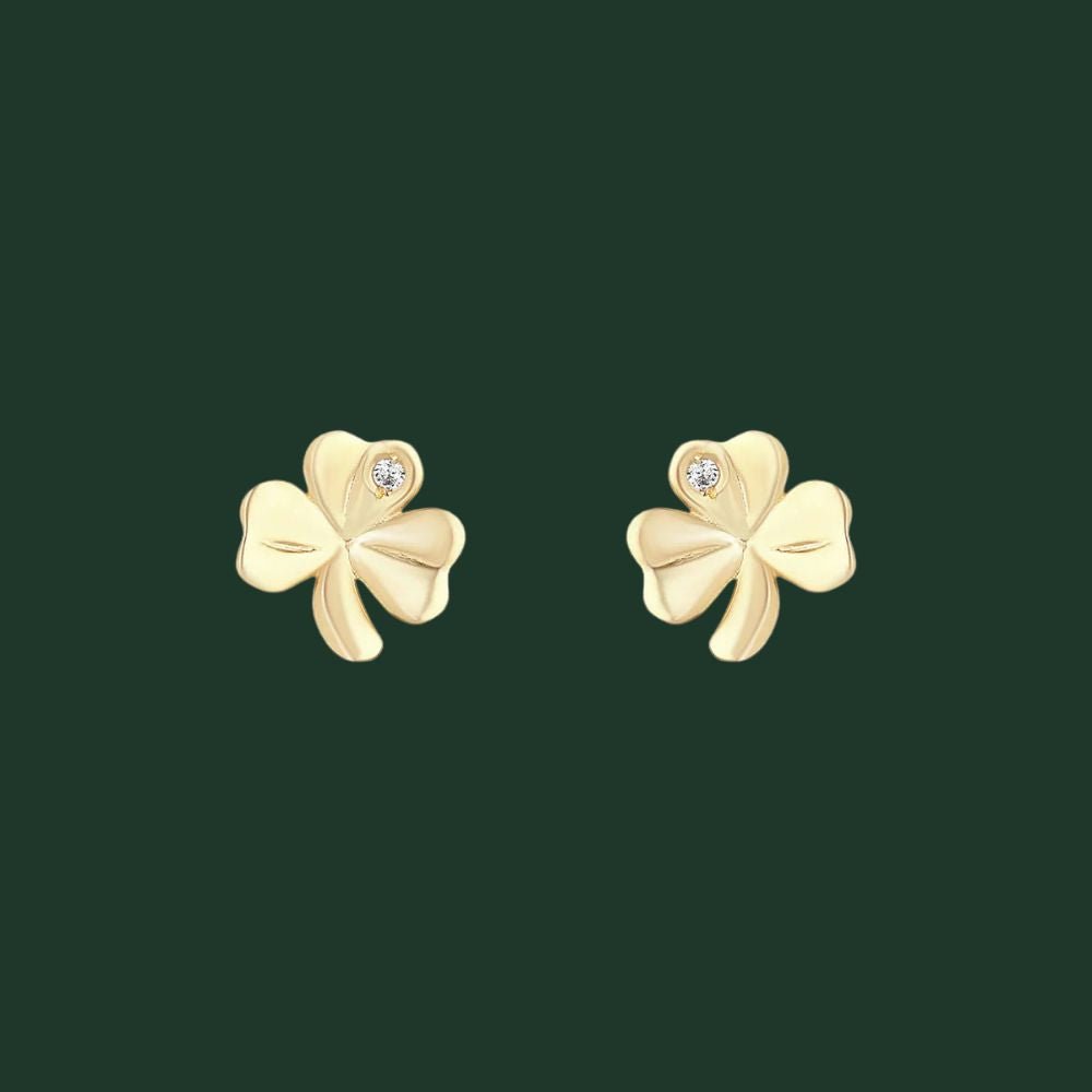 10K Gold Shamrock Stud Earrings - Single CZ Stone