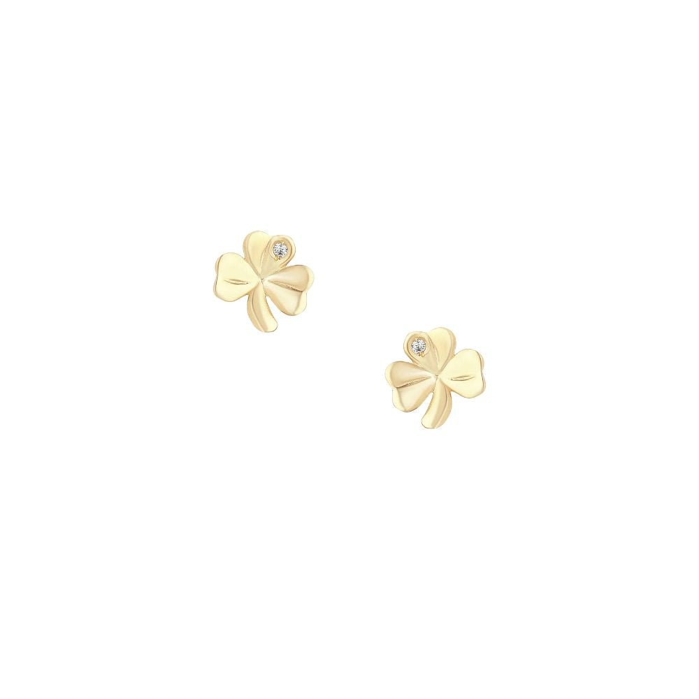 10K Gold Shamrock Stud Earrings - Single CZ Stone