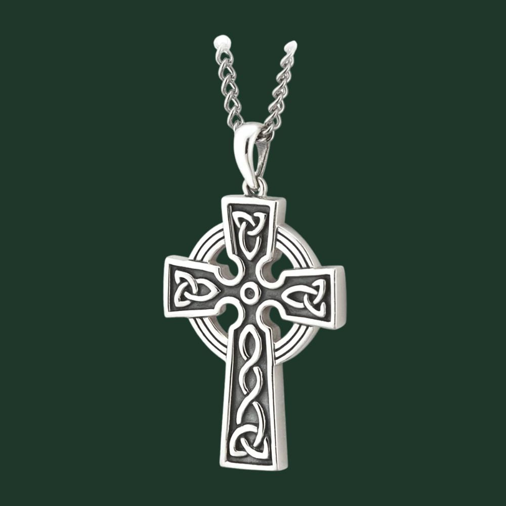 Large Double Sided Oxidized Sterling Silver Celtic Cross On Steel Chain