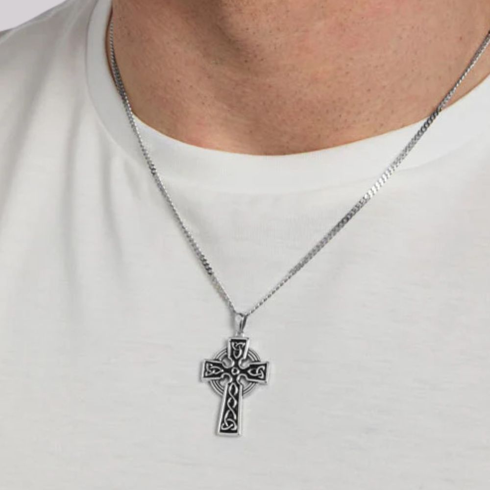 Large Double Sided Oxidized Sterling Silver Celtic Cross On Steel Chain