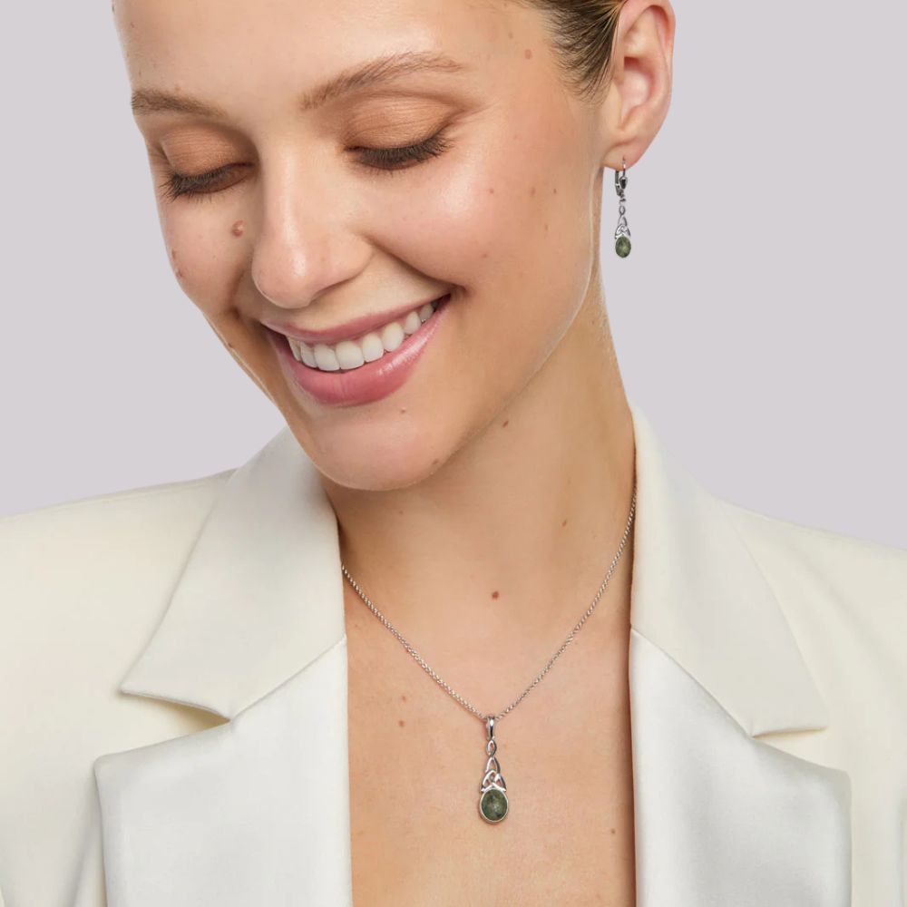 Connemara Marble And Sterling Silver Long Trinity Knot Drop Earrings