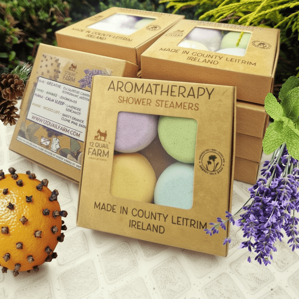 Aromatherapy shower steamers packaging with lavender and other herbs on a natural background