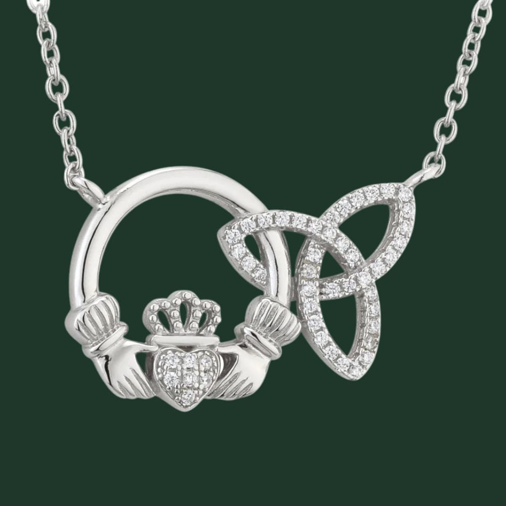 Sterling Silver Interlocking Claddagh and Trinity Knot Necklace
