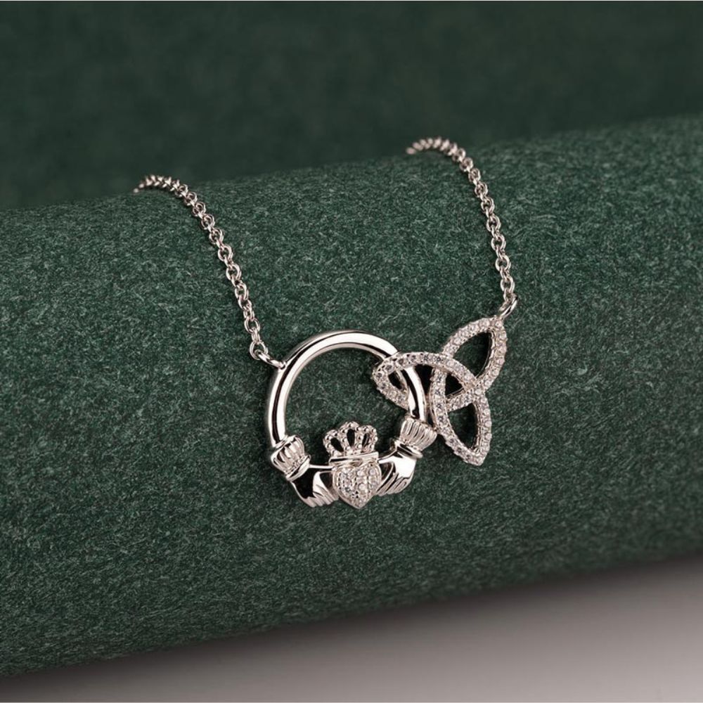 Sterling Silver Interlocking Claddagh and Trinity Knot Necklace