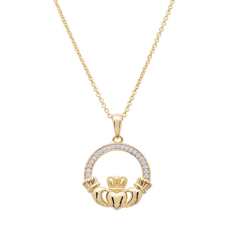 14K Gold Vermeil Claddagh Necklace With Cubic Zirconia - The Celtic Gift Store - Necklaces