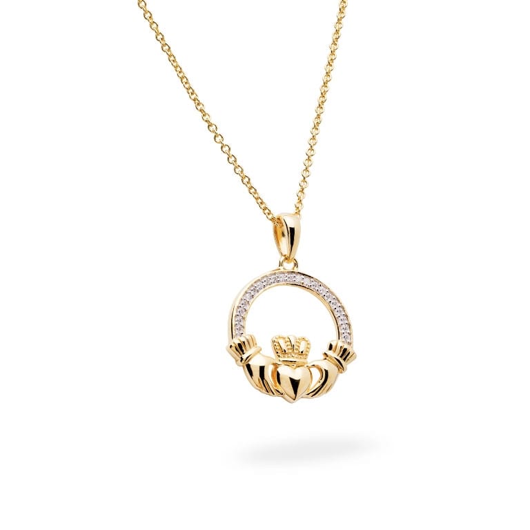 14K Gold Vermeil Claddagh Necklace With Cubic Zirconia - The Celtic Gift Store - Necklaces