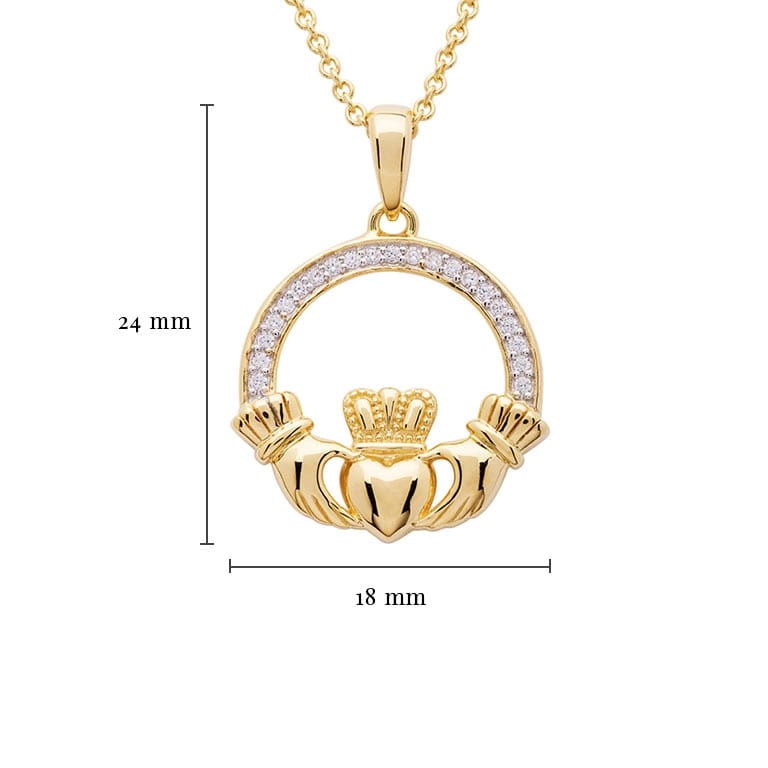 14K Gold Vermeil Claddagh Necklace With Cubic Zirconia - The Celtic Gift Store - Necklaces