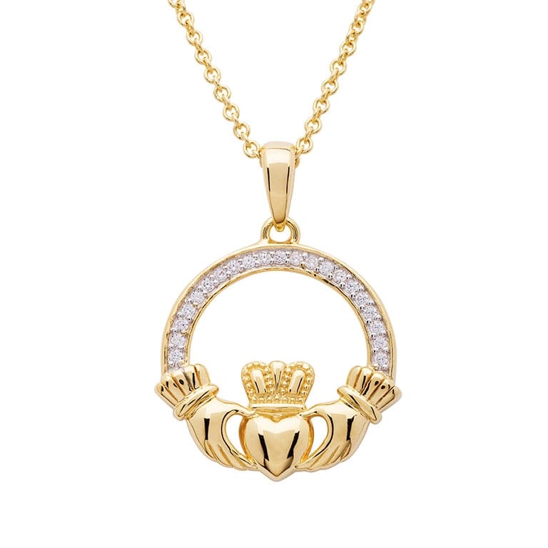 14K Gold Vermeil Claddagh Necklace With Cubic Zirconia - The Celtic Gift Store - Necklaces