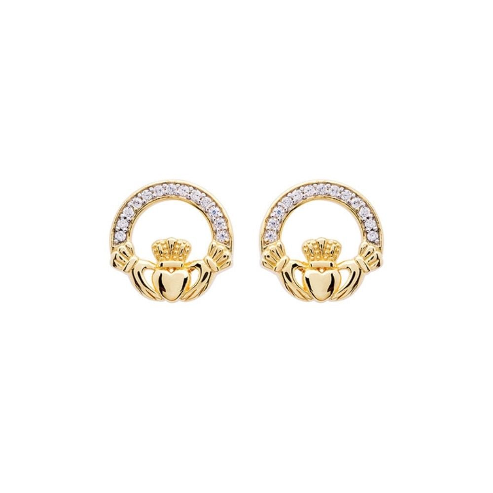 14K Gold Vermeil Claddagh Stud Earrings With Cubic Zirconia