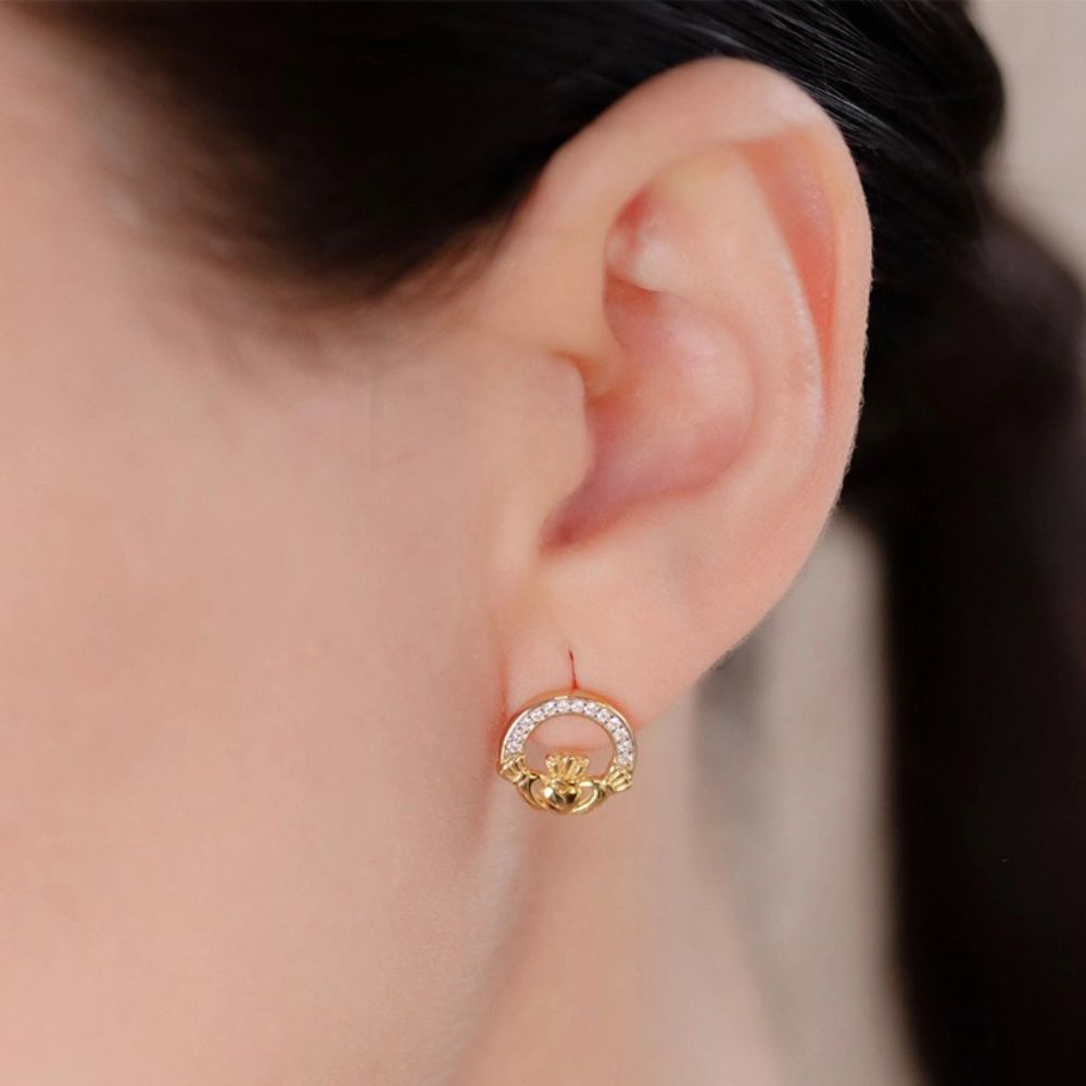 14K Gold Vermeil Claddagh Stud Earrings With Cubic Zirconia