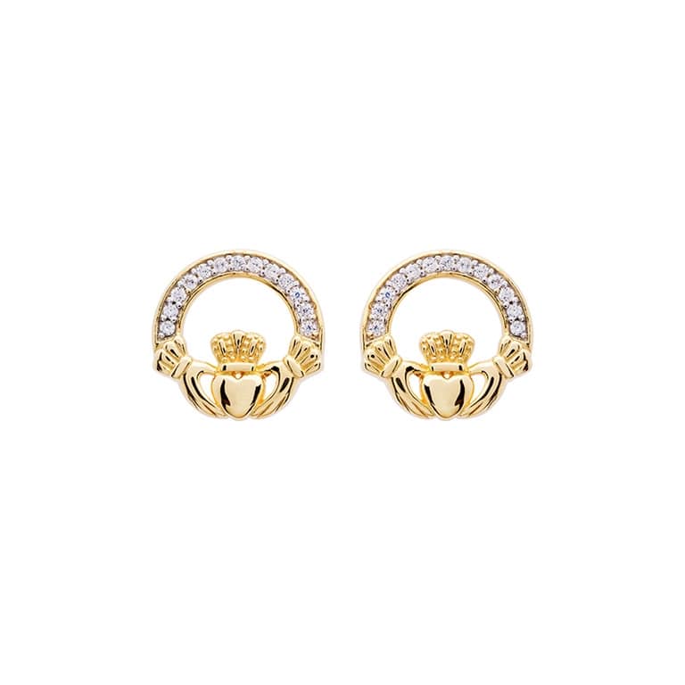 14K Gold Vermeil Claddagh Stud Earrings With Cubic Zirconia - The Celtic Gift Store - Earrings