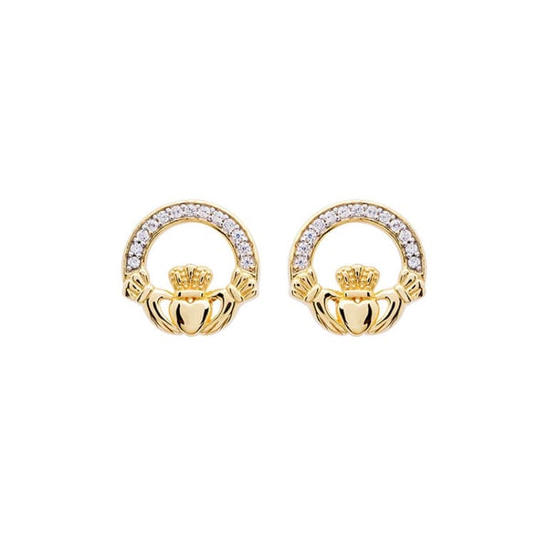 14K Gold Vermeil Claddagh Stud Earrings With Cubic Zirconia - The Celtic Gift Store - Earrings
