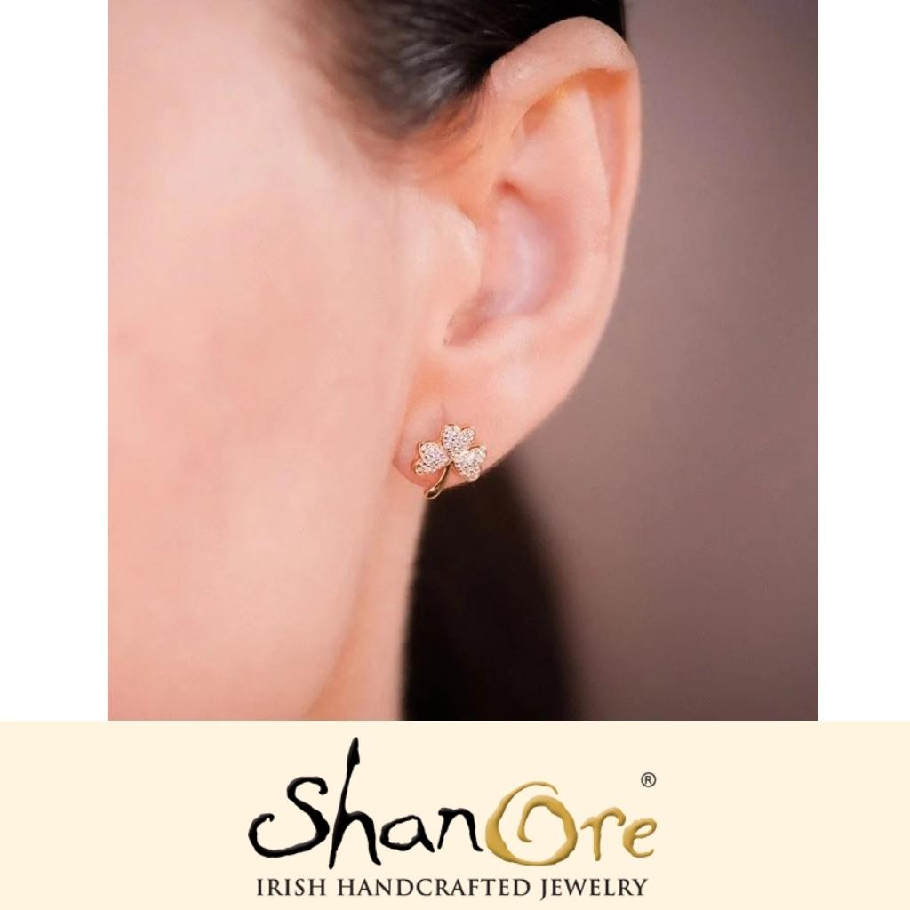 14K Gold Vermeil CZ Embellished Shamrock Stud Earrings