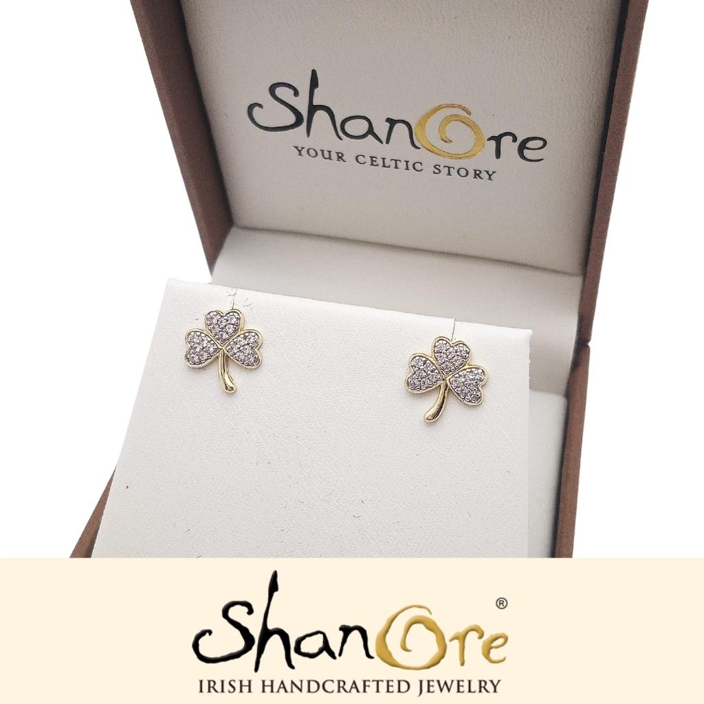 14K Gold Vermeil CZ Embellished Shamrock Stud Earrings