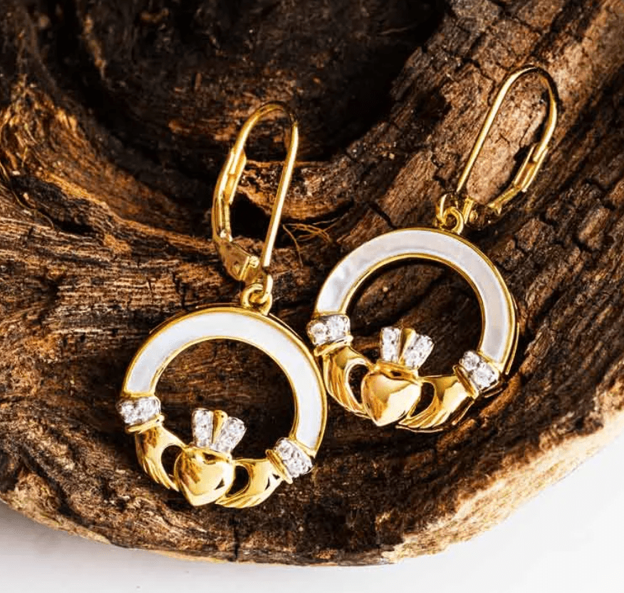 14K Gold Vermeil Mother of Pearl Claddagh Earrings - The Celtic Gift Store - Earrings