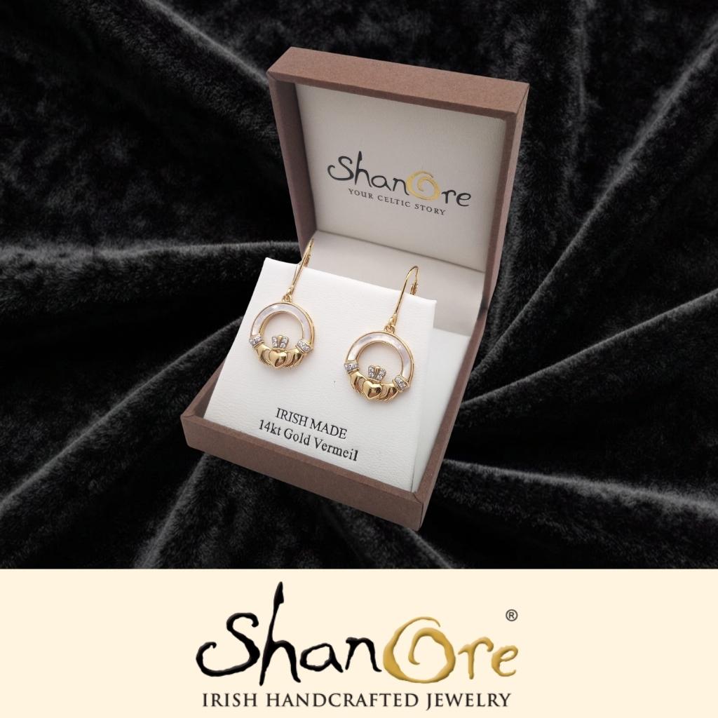 14K Gold Vermeil Mother of Pearl Claddagh Earrings