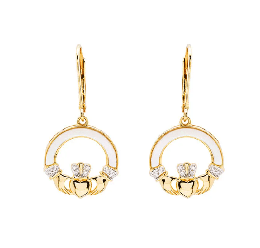 14K Gold Vermeil Mother of Pearl Claddagh Earrings - The Celtic Gift Store - Earrings