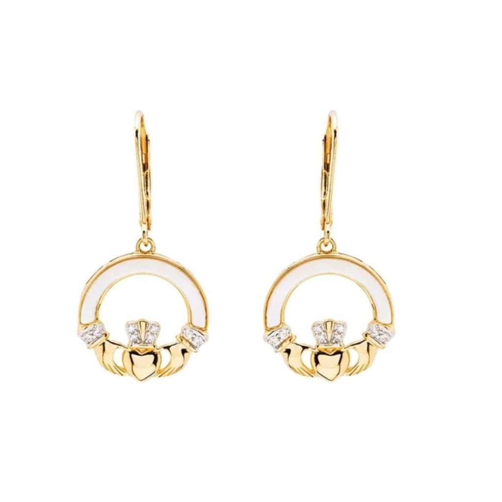 14K Gold Vermeil Mother of Pearl Claddagh Earrings