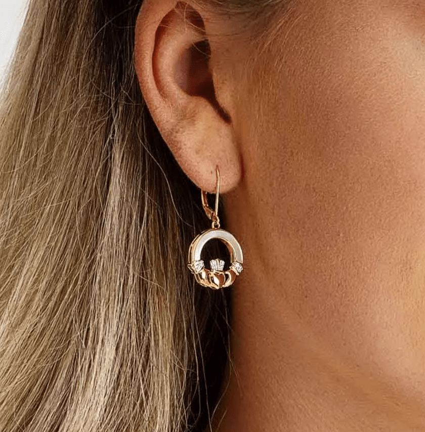 14K Gold Vermeil Mother of Pearl Claddagh Earrings - The Celtic Gift Store - Earrings