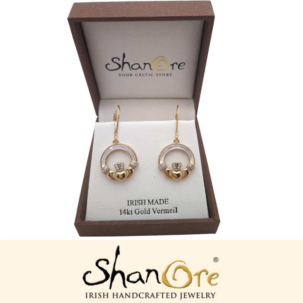 14K Gold Vermeil Mother of Pearl Claddagh Earrings