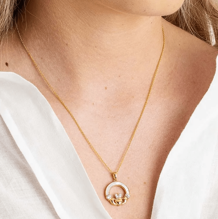 14K Gold Vermeil Mother of Pearl Claddagh Necklace - The Celtic Gift Store - Earrings