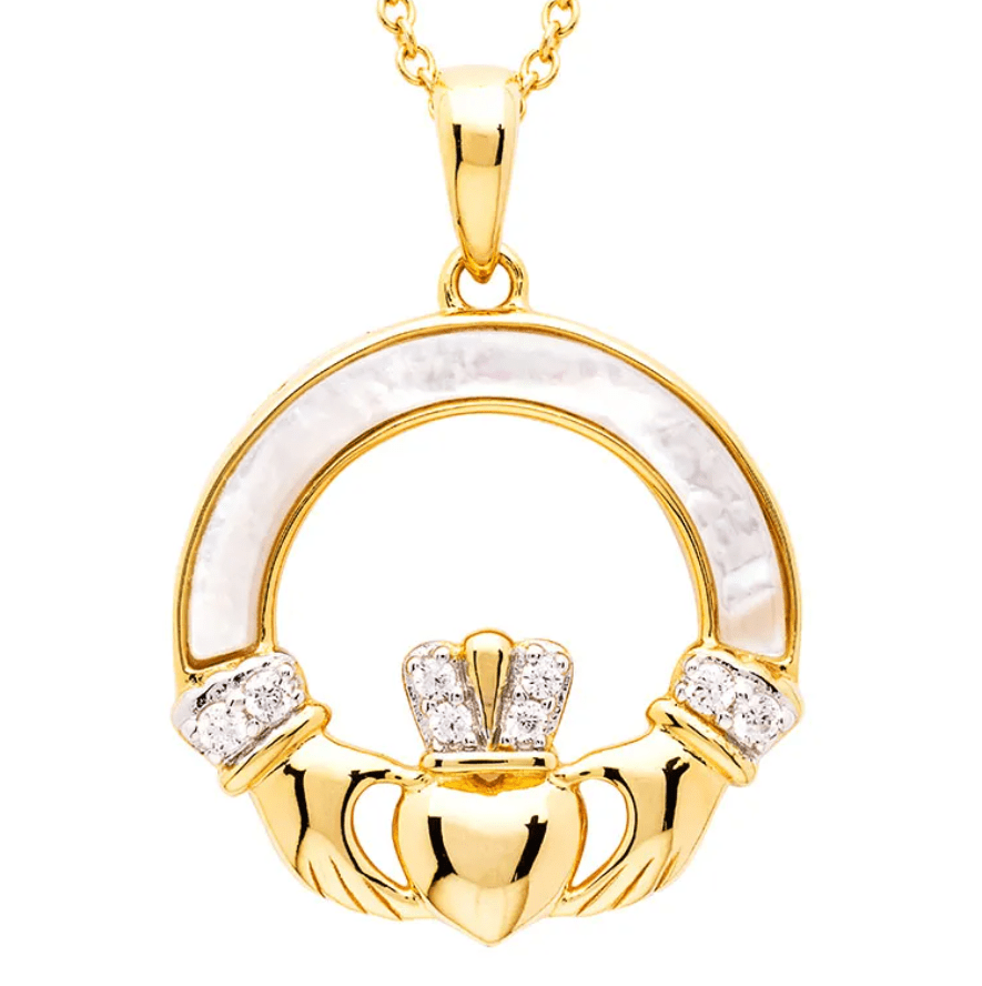 14K Gold Vermeil Mother of Pearl Claddagh Necklace - The Celtic Gift Store - Earrings