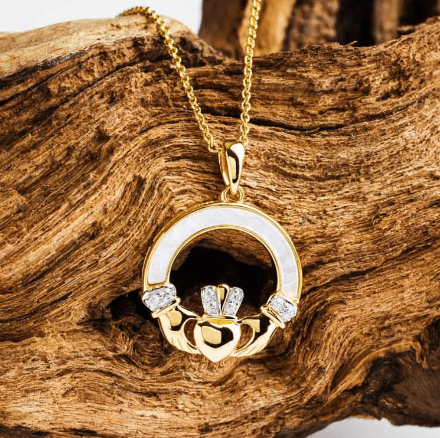 14K Gold Vermeil Mother of Pearl Claddagh Necklace - The Celtic Gift Store - Earrings