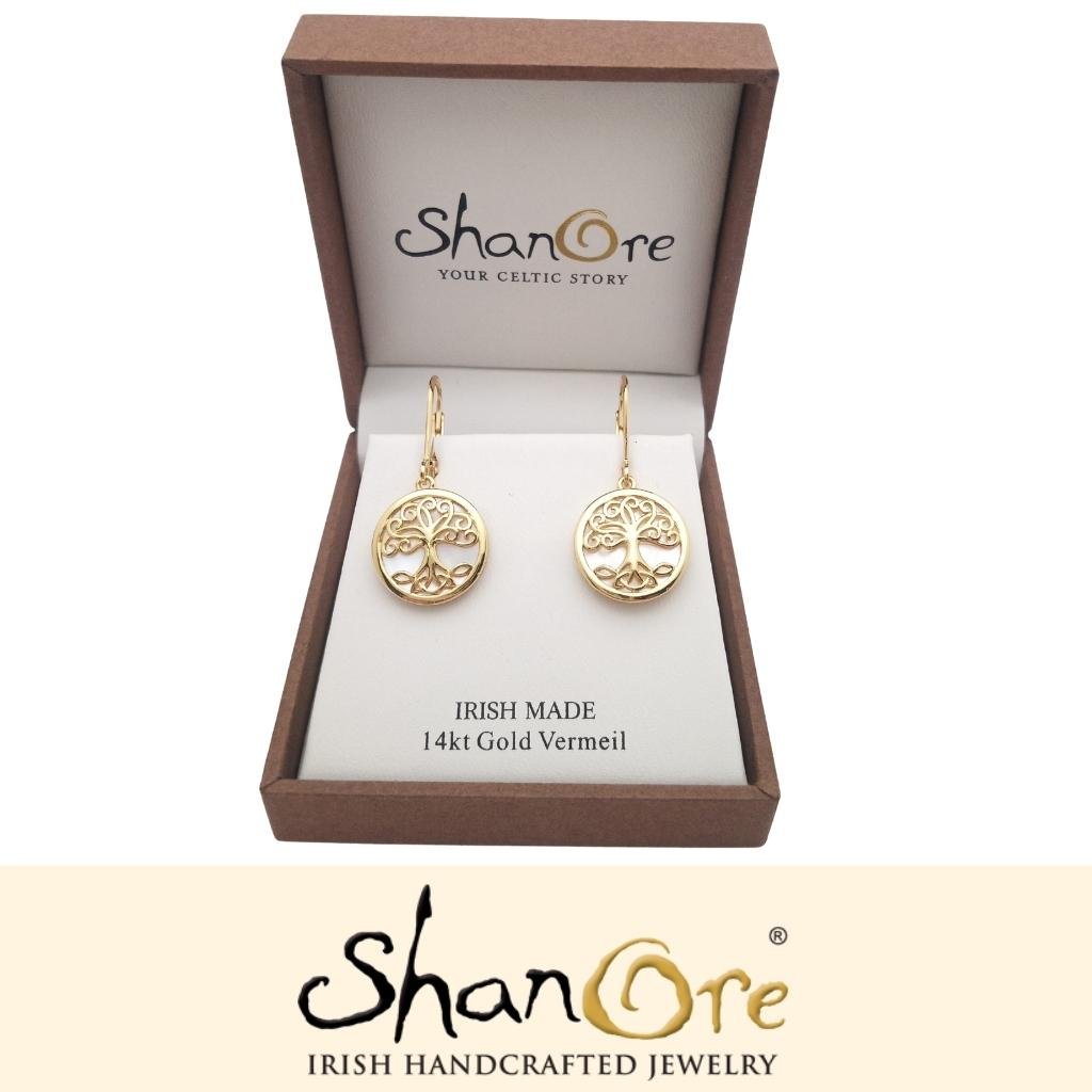 14K Gold Vermeil Mother of Pearl Tree of Life Earrings