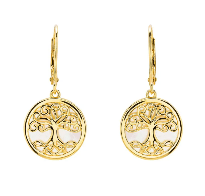 14K Gold Vermeil Mother of Pearl Tree of Life Earrings - The Celtic Gift Store - Earrings