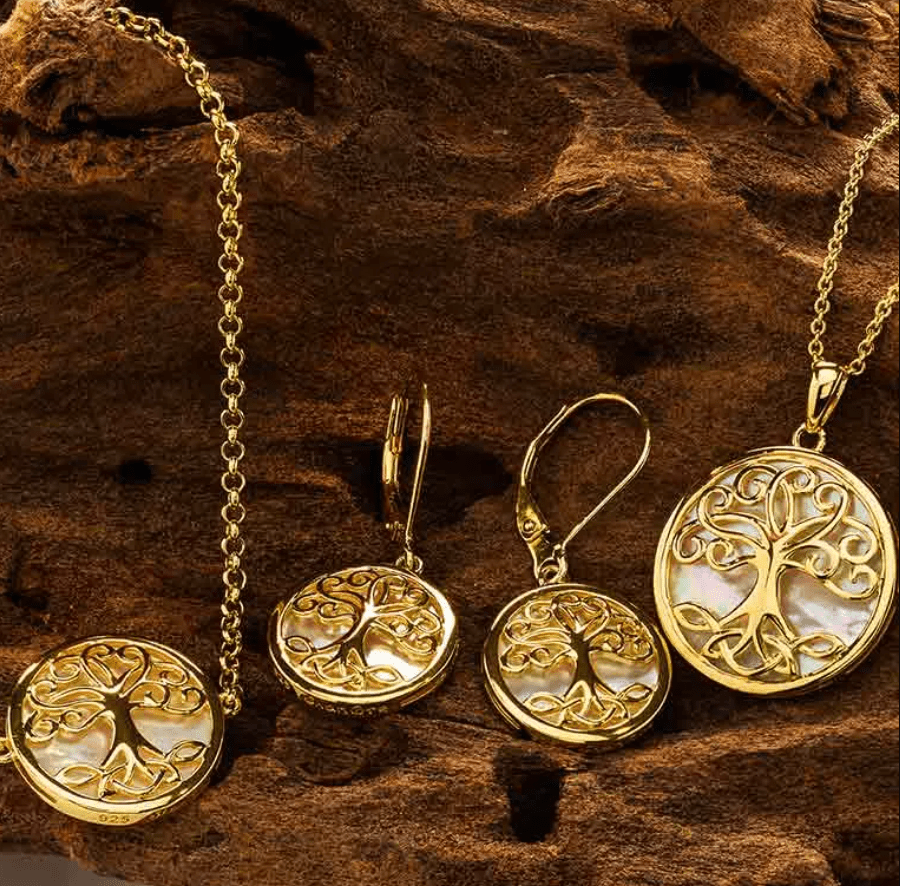 14K Gold Vermeil Mother of Pearl Tree of Life Earrings - The Celtic Gift Store - Earrings