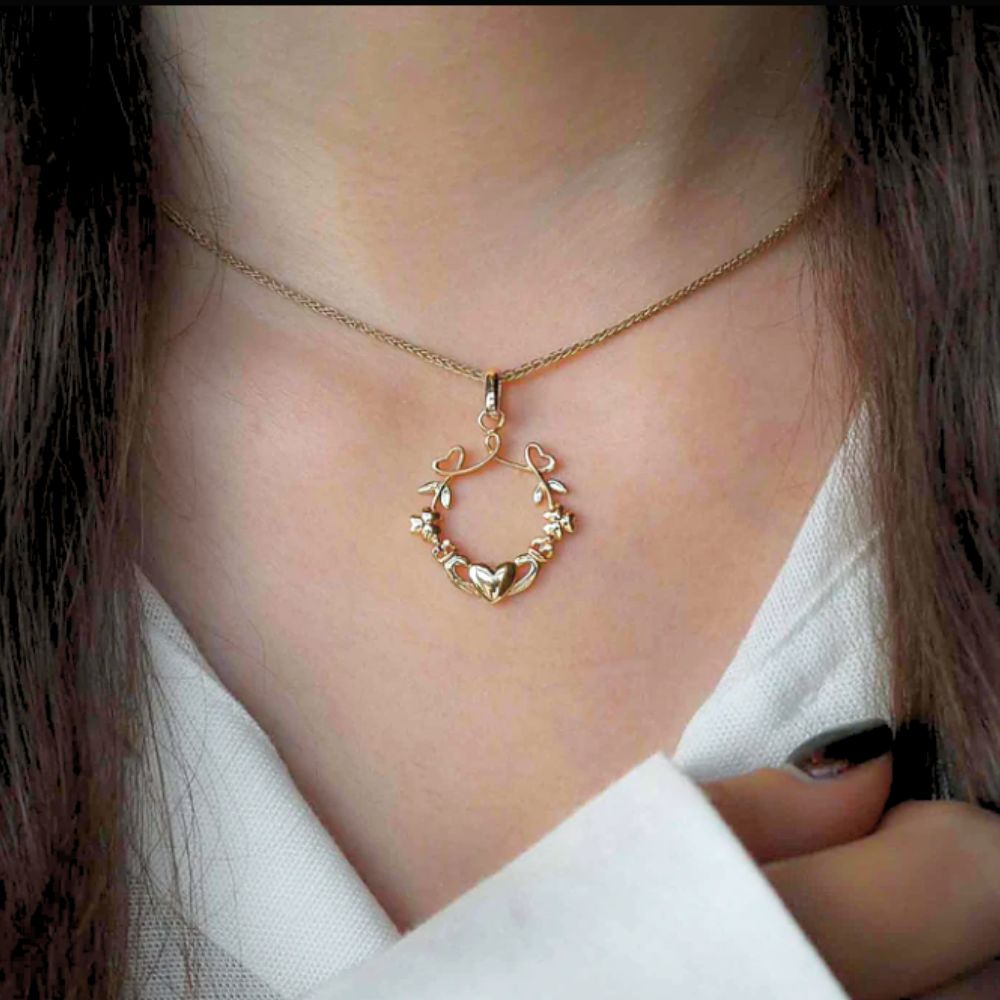 14k Gold Vermeil Shamrock Claddagh Necklace