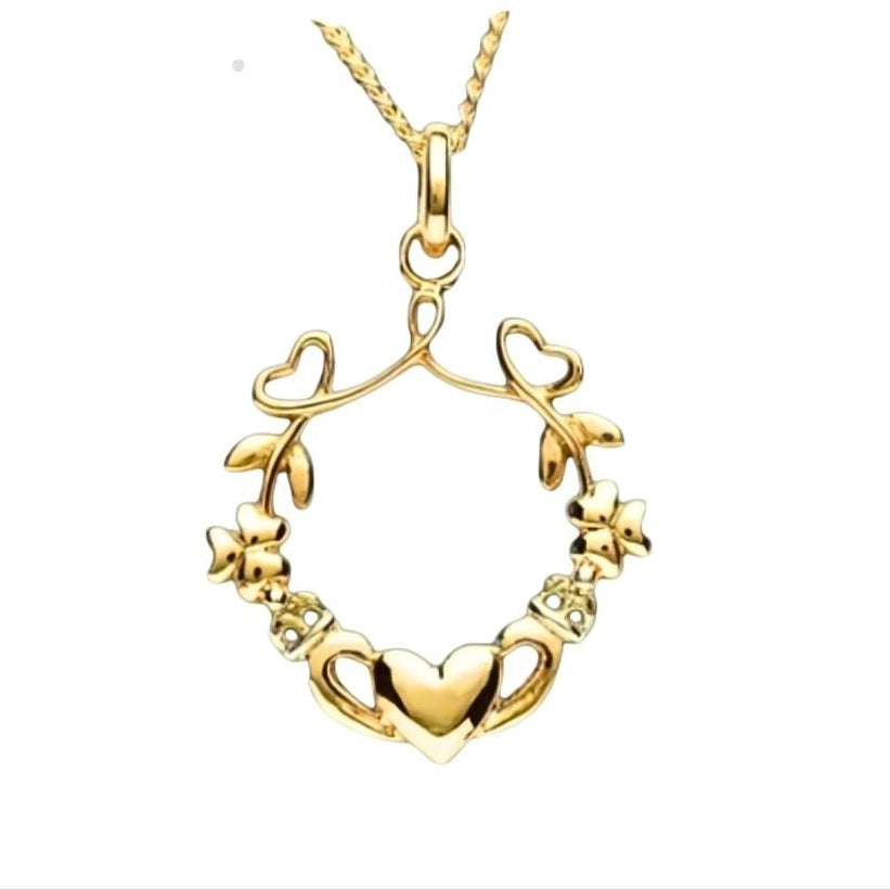 14k Gold Vermeil Shamrock Claddagh Necklace