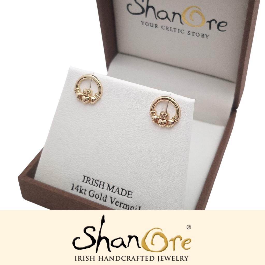 14K Gold Vermeil Stud Claddagh Earrings