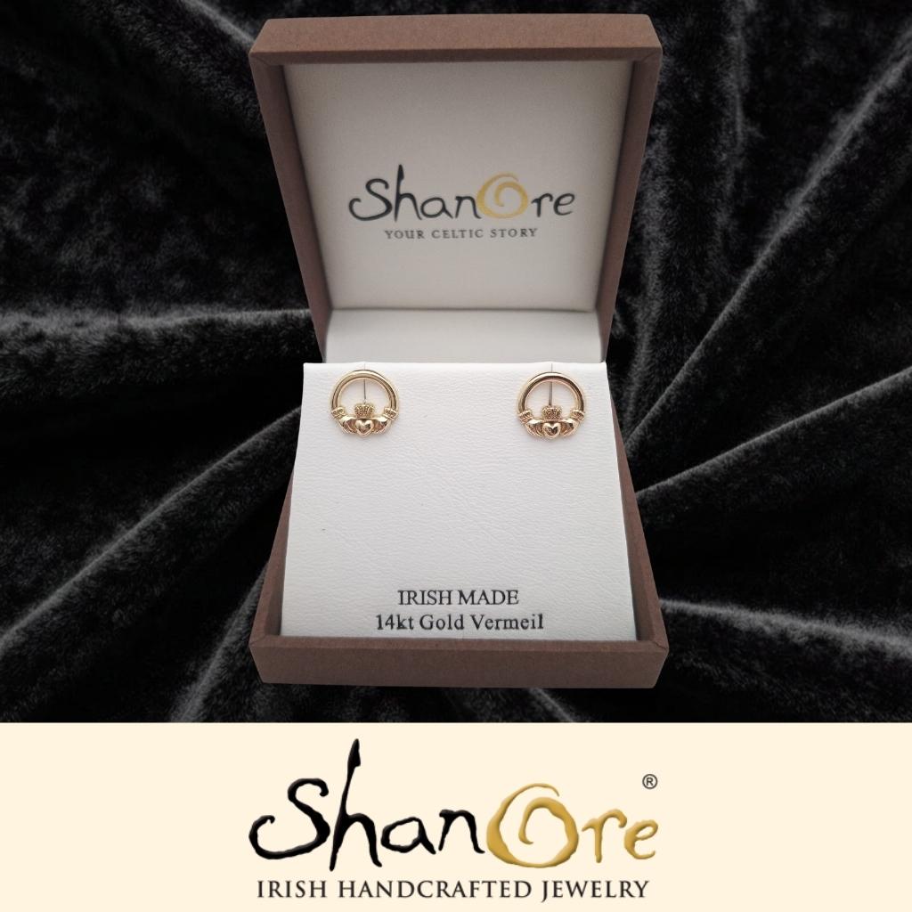14K Gold Vermeil Stud Claddagh Earrings