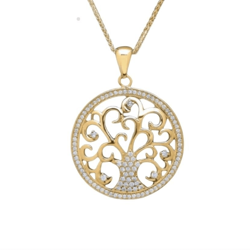 14k Gold Vermeil Tree of Life Necklace with CZ Stones on white background.