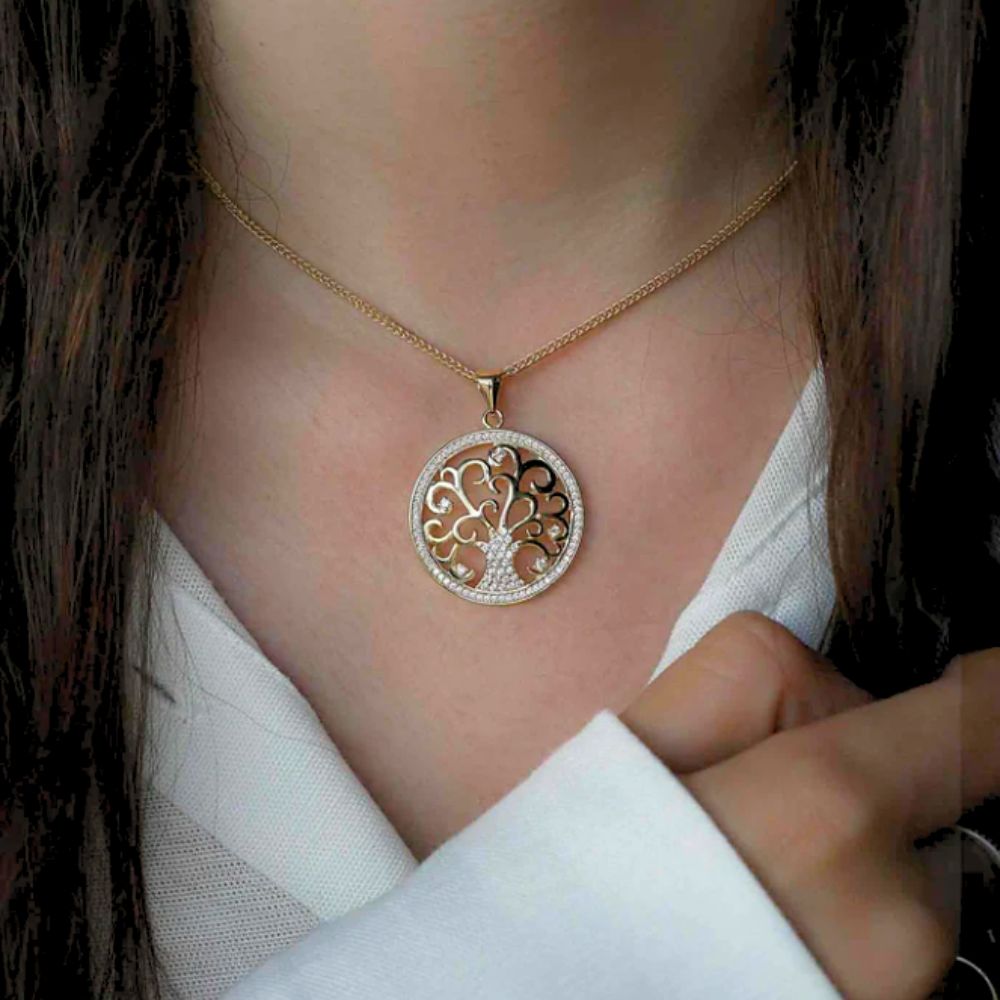 14k Gold Vermeil Tree of Life Necklace with CZ Stones
