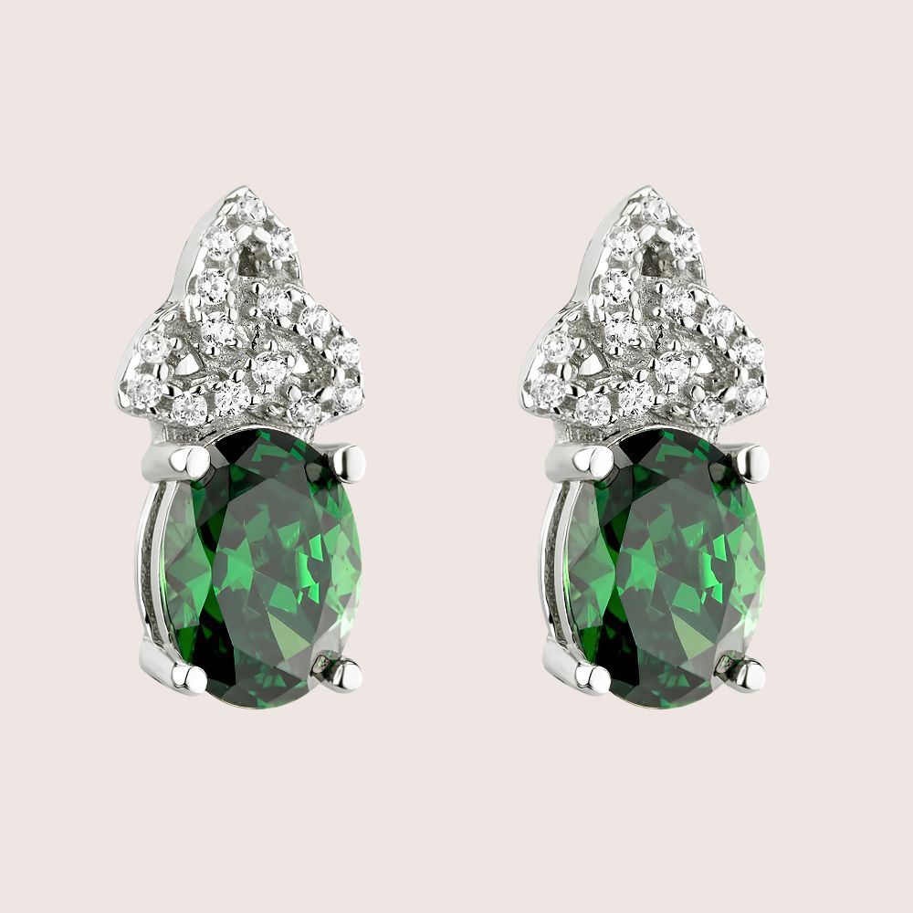 Sterling Silver Green and Clear CZ Trinity Knot Stud Earrings