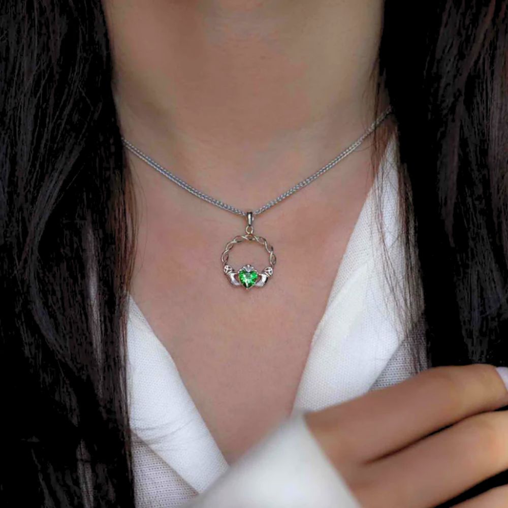 Sterling Silver Green CZ Claddagh Necklace